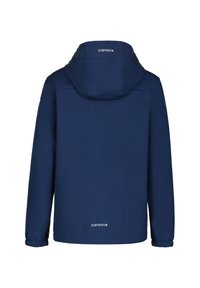 Giacca a vento blu marina con cappuccio, polsi elastici e un design semplice. Presenta un logo sulla parte posteriore ed è realizzata in un materiale testurizzato e resistente all'acqua.