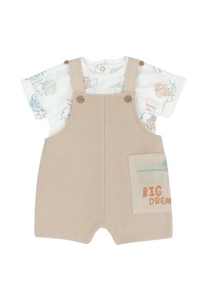 Béžové pracovní kalhoty z texturované látky s velkou kapsou a barevné tričko s potiskem šneků a textem v různých barvách.