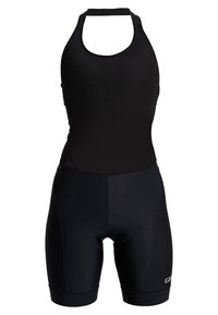 Svart sykkeldrakt med kortermet design og halterneck, som har en tettsittende stil, elastisk stoff og polstret sete for komfort.