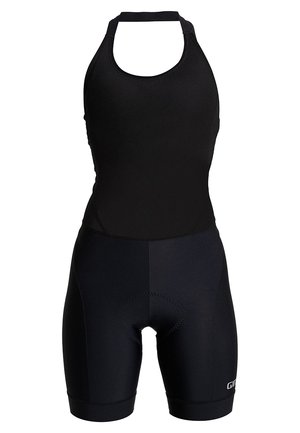 Mono de ciclismo negro de manga corta con diseño de cuello halter, que presenta un estilo ajustado, tejido elástico y un asiento acolchado para mayor comodidad.