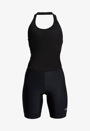 Zwart fiets short-sleeve pak met halternekontwerp, met een slank figuur, elastische stof en een gepolsterde zitting voor comfort.