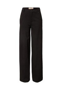 Svarta vida byxor med ett subtilt rutig mönster, med en knappstängning och bälteshällor, tillverkade av ett slätt vävt tyg.