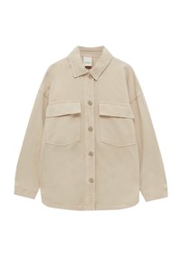 Chemise beige à boutons avec un col, deux poches avant et des manches longues. Fabriquée à partir d'un tissu doux avec une texture lisse.