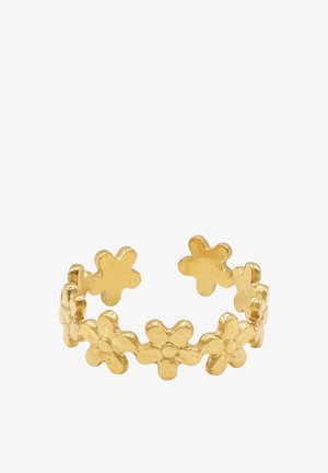 Anello dorato con design floreale che presenta forme di fiori piccoli e grandi alternate. La finitura testurizzata aggiunge dettaglio a ogni fiore.