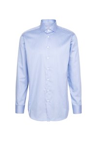 Lichtblauw overhemd met lange mouwen en knopen, met witte verticale strepen, een klassieke kraag en manchetten met gestreepte accentdetails.