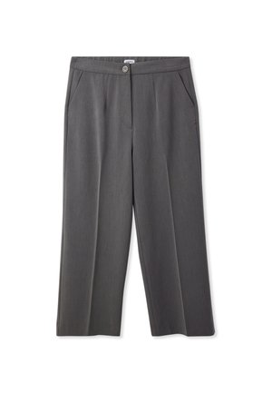 Pantaloni larghi grigi realizzati in tessuto morbido, con due tasche laterali, chiusura con bottone e design sartoriale. Finitura texurizzata.
