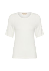 Top en maille blanc à manches courtes, cintré, avec un col rond et des poignets légèrement évasés, présenté sur un fond uni.