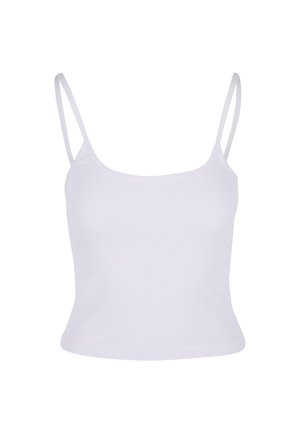 White ribbed tank top with thin straps, featuring a fitted design and a scoop neckline. Smooth texture without embellishments.