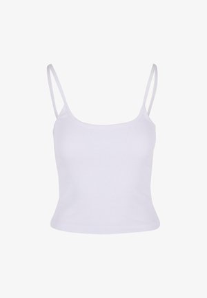 White ribbed tank top with thin straps, featuring a fitted design and a scoop neckline. Smooth texture without embellishments.