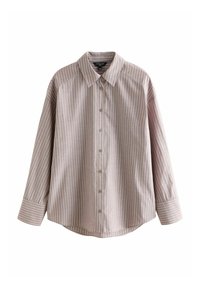 Košeľa s dlhým rukávom vyrobená z ľahkej látky, s gombíkmi na prednej strane, golierom a vertikálnymi pruhmi v jemných béžových a bielych tóninách.