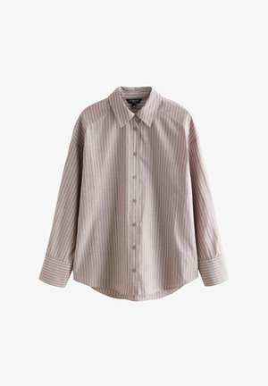 Langärmeliges Hemd aus leichtem Stoff, mit durchgehender Knopfleiste, Kragen und vertikalen Streifen in sanften Beige- und Weißtönen.