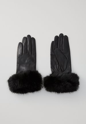 Black leather gloves with a plush black faux fur cuff. Features smooth leather texture, straight fingers, and gathered wrist detail.