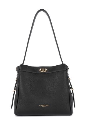 Borsa a tracolla nera in pelle con superficie testurizzata, dettagli in hardware dorato, una tracolla robusta e una forma strutturata. Presenta un dettaglio del logo sulla parte anteriore.