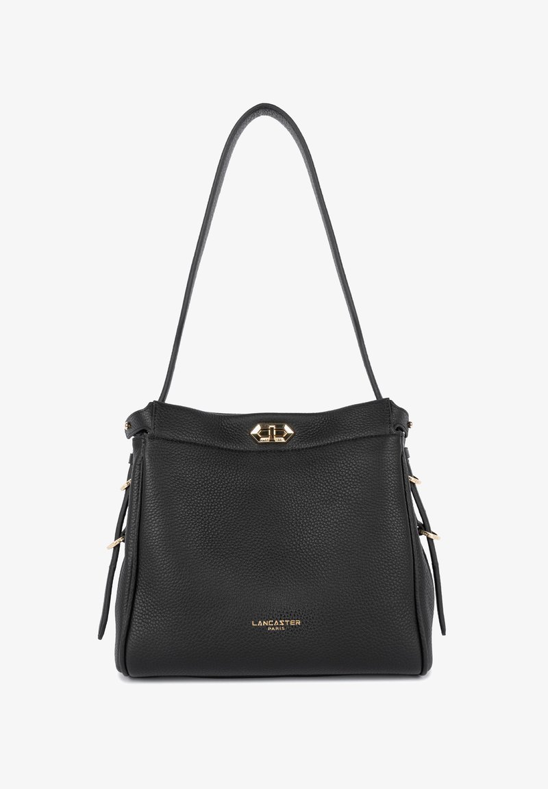 Black leather handbag with a textured surface, gold hardware accents, a sturdy strap, and a structured shape. Features logo detail at the front.