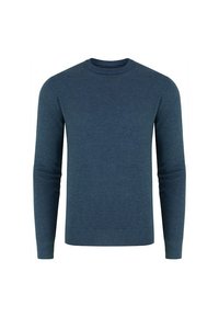 Sweter z okrągłym dekoltem w ciemnoniebieskim kolorze, wykonany z miękkiego materiału dzianinowego. Posiada długie rękawy oraz prążkowane mankiety i dół. Prosty, bezszwowy design.