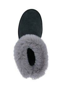 Schwarze Wildlederstiefel mit einem grauen Kunstfellumschlag, runder Zehenform und weich gefüttertem Innenlieger. Die Sohle ist leicht strukturiert für besseren Halt.