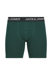 Groene stretch katoenen boxershort met een zwarte elastische tailleband en witte "JACK&JONES"-logo. Glad oppervlak en aangesloten pasvorm.