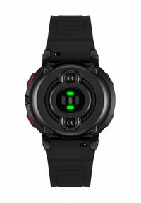 Smartwatch nero con cassa rotonda, cinturino in silicone testurizzato, luce indicatrice verde e accenti rossi sul lato. Certificazione CE visibile.