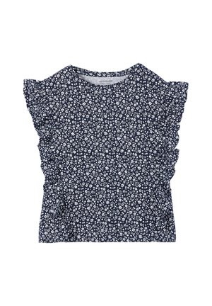 Navy blue short-sleeve blouse with white floral pattern and ruffled sleeves, round neckline, child-sized.