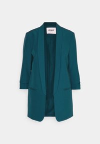 Blågrøn damesblazer med åben front, kvartlange ærmer og to slidserlommer foran, mærket "ONLY" inde i kraven.