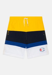 Bañadores coloridos con rayas horizontales en amarillo, marino, azul y blanco, con cintura elástica y cordón. Logo en la pierna izquierda.