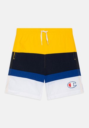 Bañadores coloridos con rayas horizontales en amarillo, marino, azul y blanco, con cintura elástica y cordón. Logo en la pierna izquierda.