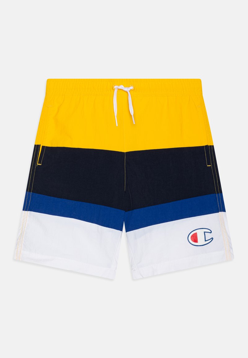 Bañadores coloridos con rayas horizontales en amarillo, marino, azul y blanco, con cintura elástica y cordón. Logo en la pierna izquierda.