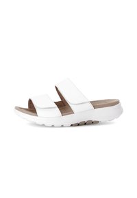 White slide sandals with two adjustable strap bands, lightweight textured sole, open toe design, and padded insole for comfort.
