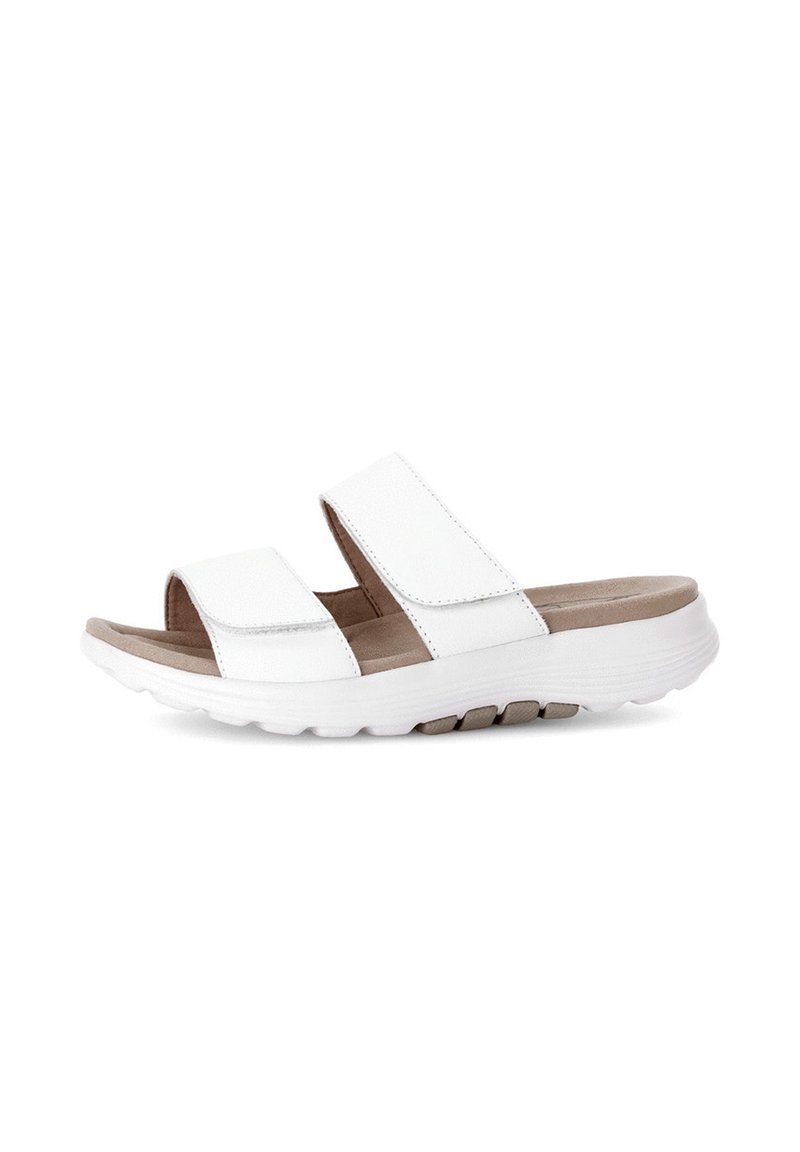 White slide sandals with two adjustable strap bands, lightweight textured sole, open toe design, and padded insole for comfort.