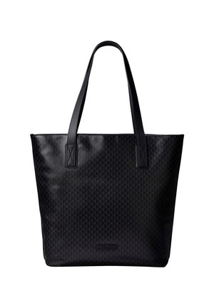 Fekete válltáska két hosszú füllel, finom geometriai mintával, téglalap alakú és kis márkajelzéssel a táska alsó középső részén.