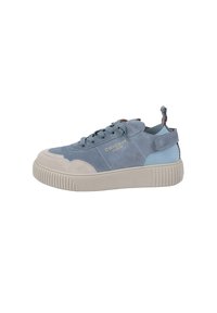 Sneaker blu in suede con suola in gomma crema a contrasto, caratterizzato da dettagli testurizzati, punta rotonda e design con lacci.