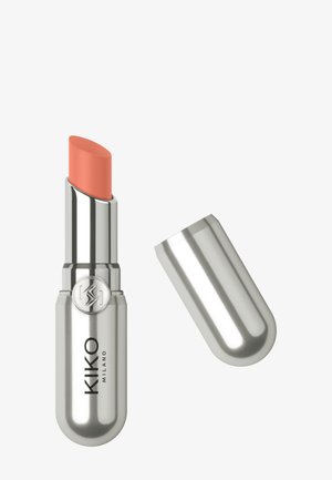 Coral-colored lipstick in silver metallic KIKO Milano tube with detached cap on white background.