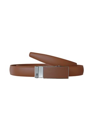 Brown leather belt with a rectangular silver buckle, coiled loosely on a white background.