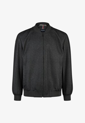 Donkergrijze bomberjack voor mannen met rits, voorzien van ribgebreide kraag, manchetten en zoom, getoond tegen een witte achtergrond.