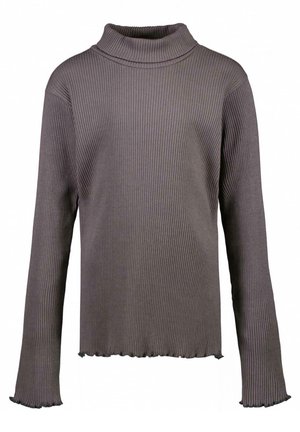 Grijze geribbelde gebreide turtleneck sweater met lange mouwen en een rafelige zoom. De stof heeft een gestructureerd uiterlijk met verticale lijnen.