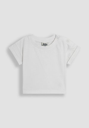 T-shirt bianco in cotone a maniche corte con scollatura rotonda e due bottoni a pressione sulle spalle. Texture liscia, vestibilità casual.