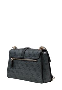 Graue Handtasche mit strukturiertem Silhouette, ausgestattet mit einem oberen Klappdeckel, Reißverschlussfach und silberfarbener Hardware.