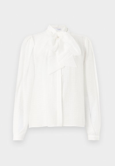 Witte blouse met een hoge kraag, strikdetail, lange mouwen met knoopmanchetten en een gestructureerde, gestreepte stof.