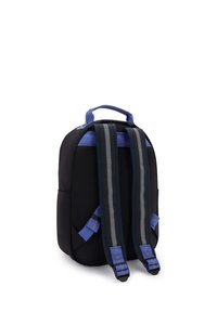 Sac en nylon noir avec des accents bleus. Caractéristiques : bretelles rembourrées, une poignée supérieure et un design lisse et élégant.