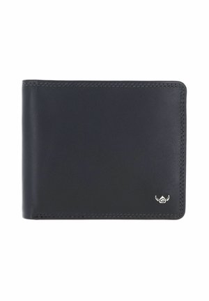 Black leather bifold wallet with stitched edges and small silver logo emblem in the bottom right corner on a white background.