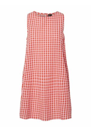 Abito senza maniche con un motivo a quadretti rosso e bianco, scollo rotondo e vestibilità morbida. Realizzato in tessuto leggero con una finitura liscia.