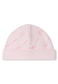 Bonnet bébé en coton rose avec un revers pliable, présentant un motif répétitif de chiens dessinés en style cartoon et le texte "BOSS" en rose clair.