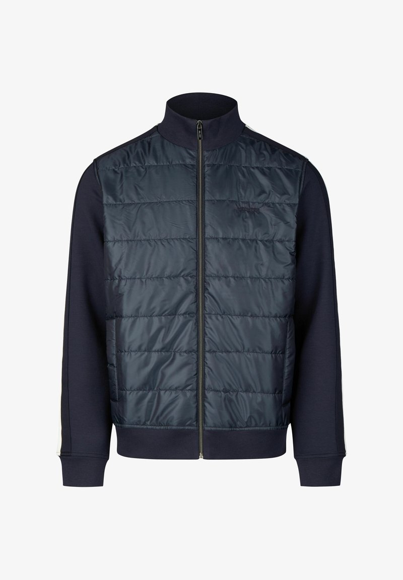Veste bleu marine zippée avec panneau avant matelassé, col montant et manches longues unies, présentée sur fond blanc.