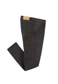 Jeans de mezclilla gris oscuro con un diseño de pierna recta, que cuentan con un parche trasero de cuero beige, cinco bolsillos y detalles de costura sutiles.