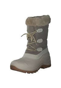 Zimowe buty w odcieniach brązu i beżu z sztucznym futerkiem u góry, wodoodporną cholewką, regulowanymi sznurowadłami i teksturowaną gumową podeszwą zapewniającą przyczepność.