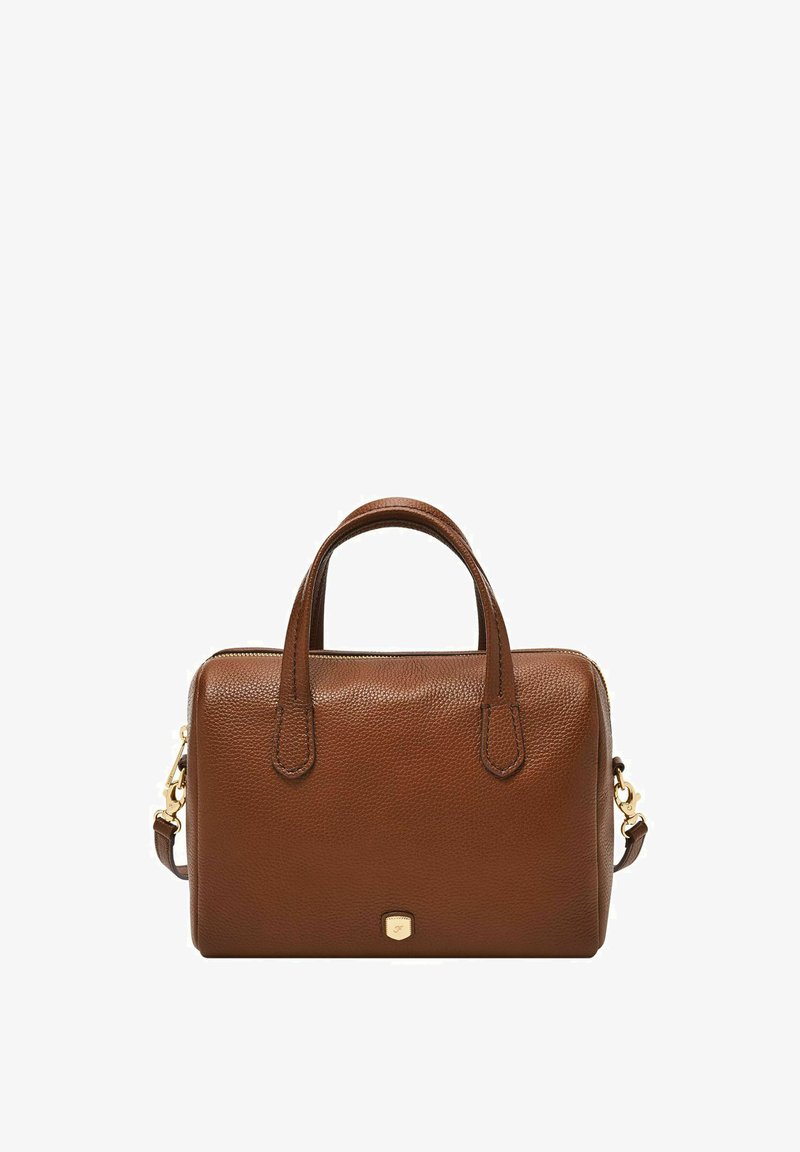 Brown leather handbag with two short handles, a textured surface, gold hardware accents, and a detachable shoulder strap.