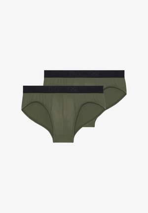 Olivengrønne herreboxershorts med en sort elastisk livrem, der har "HOM"-logo. Glat tekstur og klassisk snit, velegnet til hverdagsbrug.