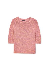 Short-sleeve knit sweater in a blend of pink and purple hues. Features a round neckline and loose, textured fabric.