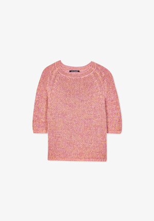 Kurzarm-Strickpullover in einem Mix aus rosa und lila Farbtönen. Mit Rundhalsausschnitt und lockerem, strukturiertem Stoff.