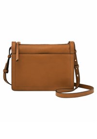 Lägen lädercrossbody-väska med en slät yta, dragkedjestängning, justerbar rem och en framficka. Har minimalistisk design och rena linjer.